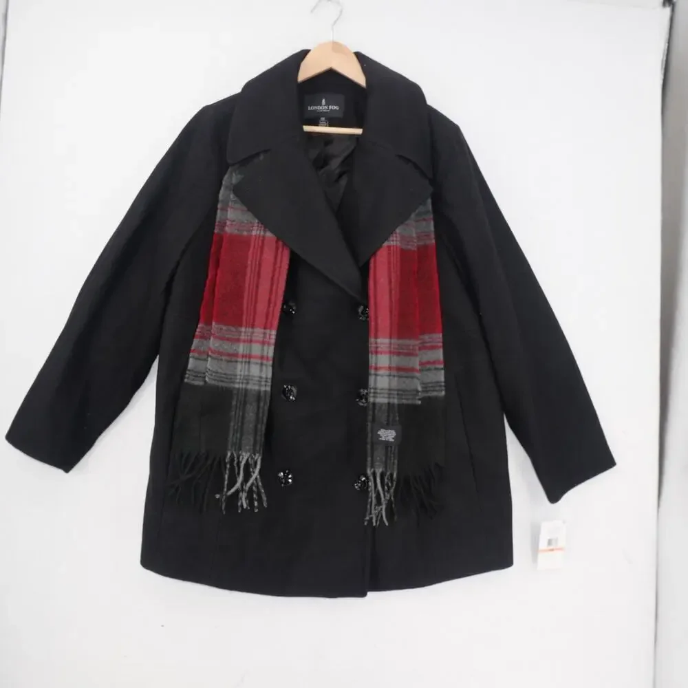 DRAFT NEW London Fog Women's 3X BLACK Wool Blend Pea Coat With Scarf